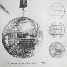 a drawing of a disco ball hanging from a chain with three different shapes and sizes