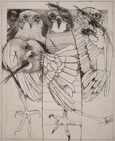 an image of three owls in the same drawing