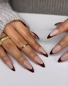 Brown Nail Almond Shape, Long Almond Autumn Nails, Almond Acrylic Nails Fall Colors, Almond Nails Fall Colors Black Women, Fall Color Almond Shape Nails, Oval Brown French Tip Nails, Fall Nails Classy Almond, Mail Inspo Almond Fall, Dark Brown Tips Nails