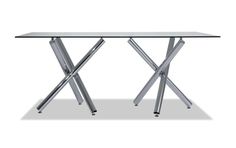 a glass table with two metal legs on the bottom and one leg up against it