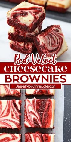 red velvet cheesecake brownies cut into squares and stacked on top of each other