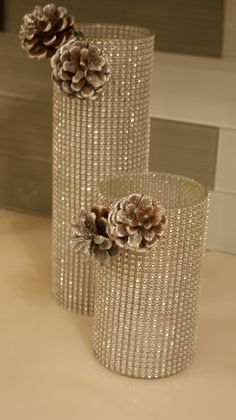 three glass vases with pine cones in them sitting on a counter top next to each other