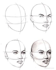 the steps to draw a woman's face with different angles and hairline shapes