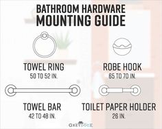 the bathroom hardware mounting guide is shown in black and white, with instructions for how to install