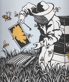 a drawing of a beekeeper with bees in front of him