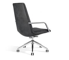 a black office chair with chrome wheels and casteors on an isolated white background, viewed from the front