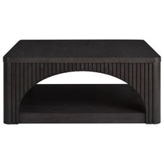 a black coffee table with an arch shaped shelf in the center and bottom section, on a white background