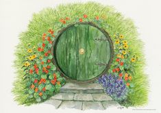 a drawing of a green door surrounded by flowers