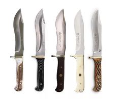 five different types of knifes are lined up in a row on a white background