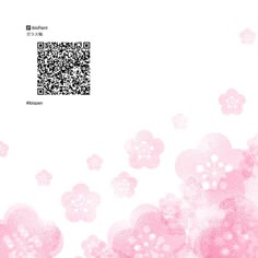 a white and pink background with flowers on the bottom right hand corner, as well as a qr code