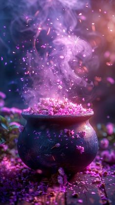 a pot filled with lots of pink flowers on top of a wooden table next to purple petals