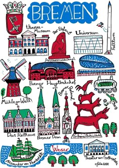 an illustrated map of bremen, germany with all the different buildings and symbols