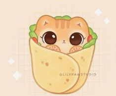 a cartoon cat in a burrito with eyes wide open, peeking out from behind the burrito