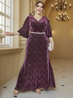 Purple Glamorous Collar Three Quarter Length Sleeve Cloth All Over Print A Line Embellished High Stretch All Weddings & Events Fashion Work Outfit, Velvet Dress Designs, Plus Size Bridesmaid, Maxi Bridesmaid Dresses, Beautiful Dresses For Women, Bridesmaid Dresses Plus Size, Butterfly Sleeve, Dreamy Dress, Plus Size Models