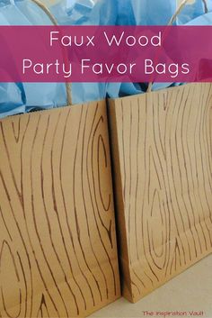 two wooden bags with the words faux wood party favors