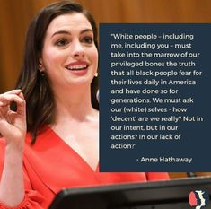 a woman sitting in front of a laptop computer with a quote above her that reads, white people including me including you - must take into the