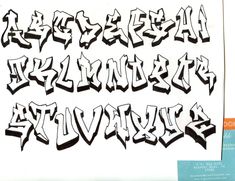 some type of graffiti font that is black and white with the letters in different languages