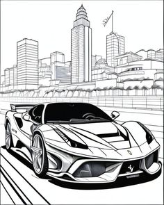 a drawing of a sports car driving down the road in front of a cityscape