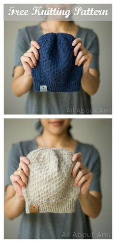 two pictures showing how to knit a beanie hat with the same knitting pattern as shown below