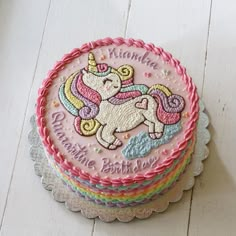 a birthday cake decorated with an image of a unicorn