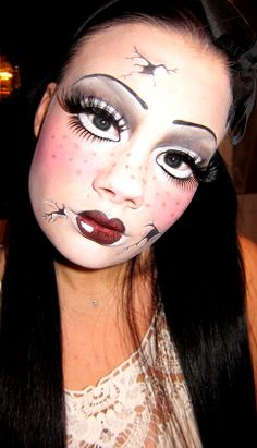 broken doll makeup - no tutorial but click thru for more photos... Broken Doll Halloween Makeup, Scary Doll Makeup, Doll Halloween Makeup, Broken Doll Halloween, Creepy Doll Makeup, Broken Doll Makeup, Doll Makeup Tutorial, Doll Face Makeup, Porcelain Doll Makeup