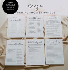 the bridal shower guide is laid out on a bed