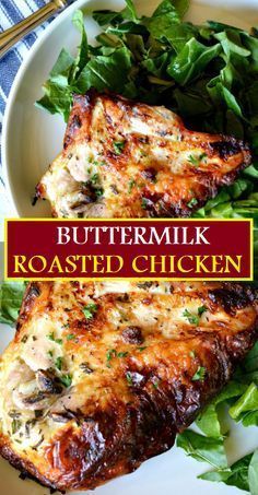 buttermilk roasted chicken on a plate with greens