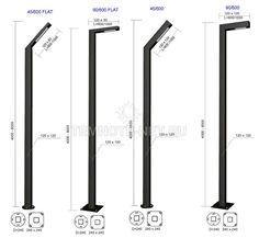 three different types of metal poles with numbers and measurements on each pole, including the top one