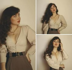 40s Outfit Inspiration, Dark Academia Romantic Body Type, Sweetheart Line Dress, Romantic Fall Makeup, Modern 30s Fashion, Modern Elvish Outfits, Womens Vintage Pants, Blouse And Slacks Women, 2023 High Fashion Trends