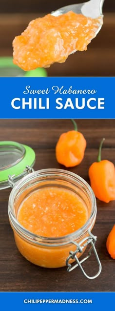 a spoon full of chili sauce next to some peppers on a table with the title above it