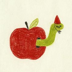 a drawing of an apple with a worm on it