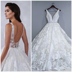 the back of a wedding dress is shown in two different pictures, one with an open back and the other with a deep v - neckline