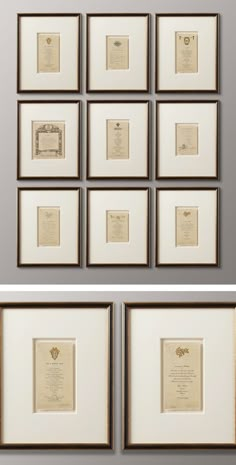 six framed photographs with different types of papers on them