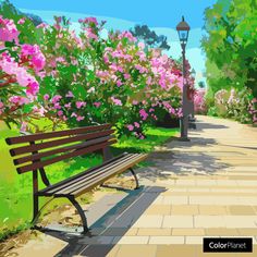 a painting of a park bench in the middle of a walkway with flowers on either side