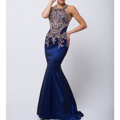 Look Glamorous In This Sexy Halter Top Mermaid Stretchy Taffeta Dress With Gold Beaded Embroidery On Bodice And Back Floor Length Color: Navy Blue Special Ocassion Dresses, Embroidered Bodice, Taffeta Dress, York Dress, Mermaid Prom Dresses, Long Prom Dress, Navy Blue Dresses, Prom Gown, Couture Dresses