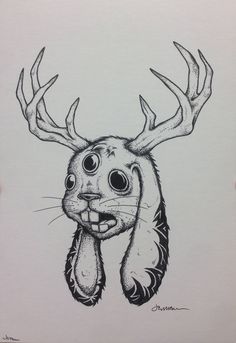 a drawing of a deer with antlers on it's head and tongue sticking out