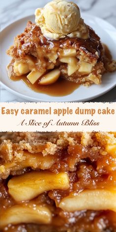 an image of caramel apple dump cake with ice cream on the top and bottom