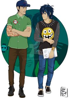 two people standing next to each other in front of a green circle with an evil face on