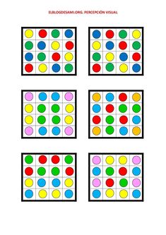 four squares with different colored dots arranged in the same pattern, and one is missing