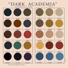 the color scheme for dark academia, which includes different shades and colors to choose from