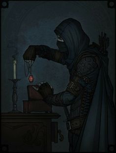 a drawing of a person in a dark room next to a table with a candle