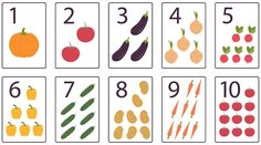 the numbers and fruits are arranged in rows to match each other's fruit and vegetables