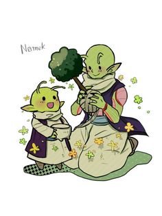 two cartoon characters sitting on the ground with one holding a broccoli plant and another standing