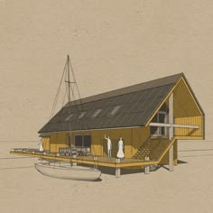 a drawing of a boat sitting in front of a house with a porch and stairs