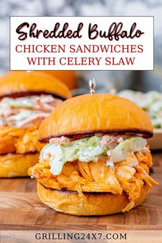 shredded buffalo chicken sandwiches with celery slaw are on a cutting board and the title reads shredded buffalo chicken sandwiches with celery slaw