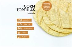 corn tortillas are stacked on top of each other with information about their calories