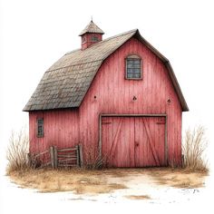 a drawing of a red barn with a brown roof