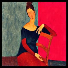 a painting of a woman sitting on a red chair in front of a pink wall