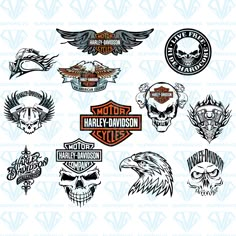 the harley davidson logo and emblems are shown in black, white, and red