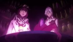 two anime characters standing next to each other in front of a dark background with purple lights